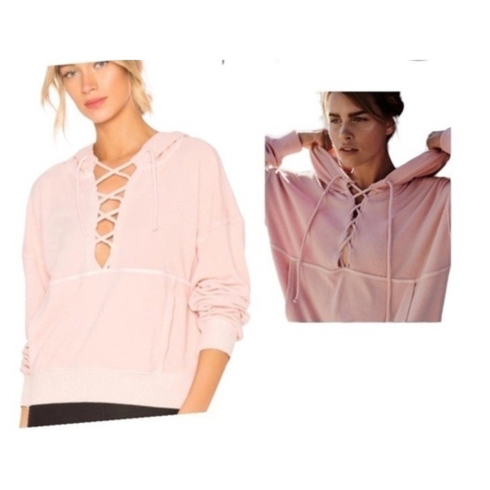 Free People Movement Believe It Hooded Lace Up Pullover Sweatshirt Small Pink - Picture 1 of 8